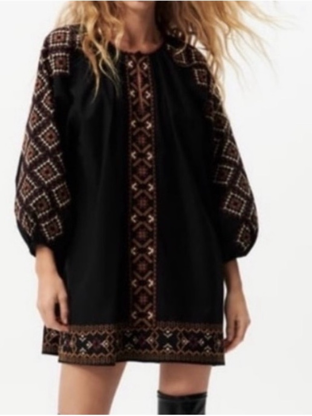 Embroidered Black Short Oversized Shift Dress Size Small Boho Festival Linen